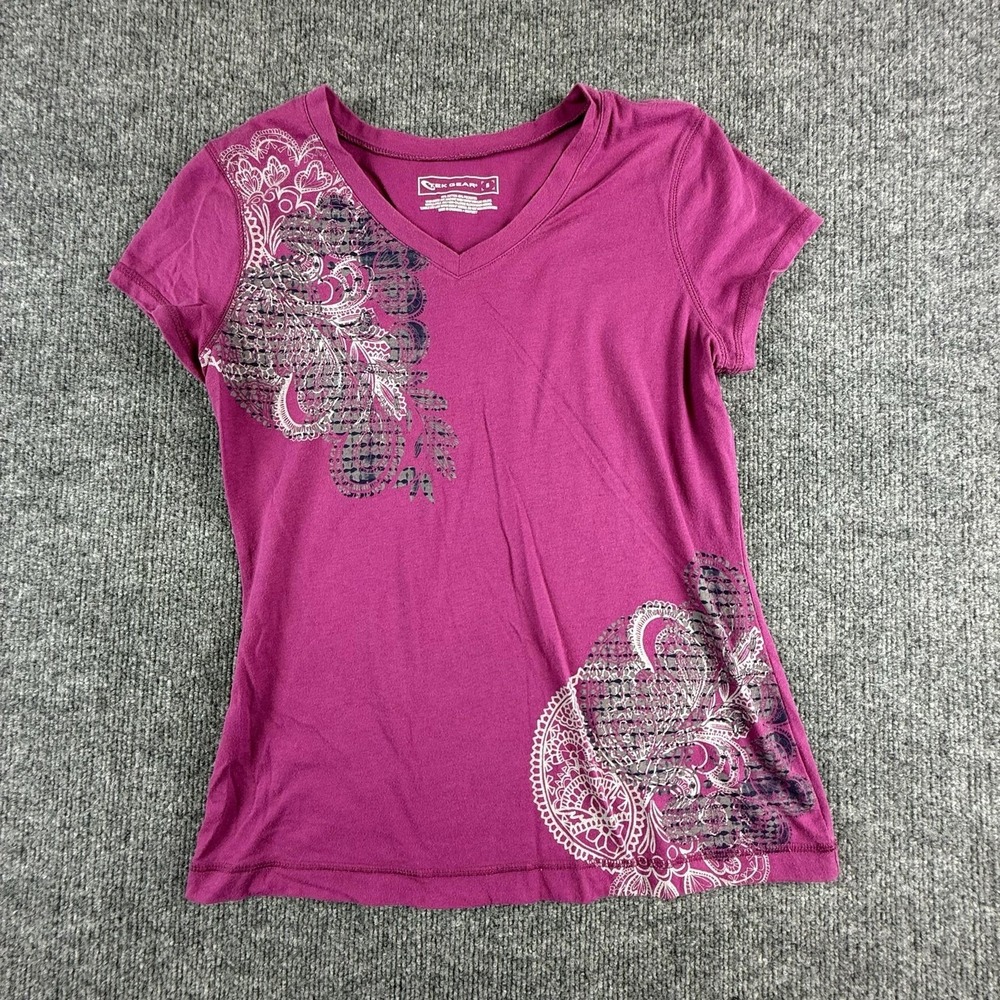 Y2K Tek Gear Shirt Womens Small Purple Paisley V Neck Short Sleeve Graphic Top